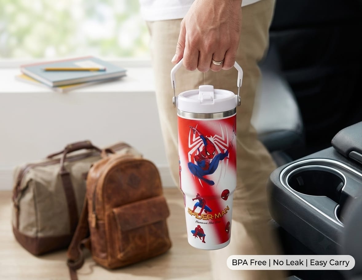 Superhero Print Stainless Steel Tumbler with Straw & Handle - 30oz