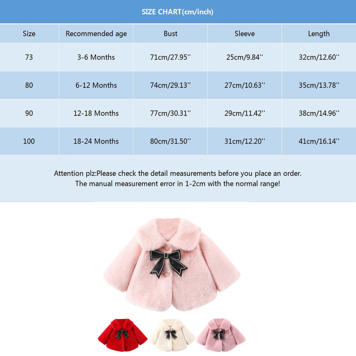 Luxury Baby White Fur Coat with Black Bow & Pom-Poms