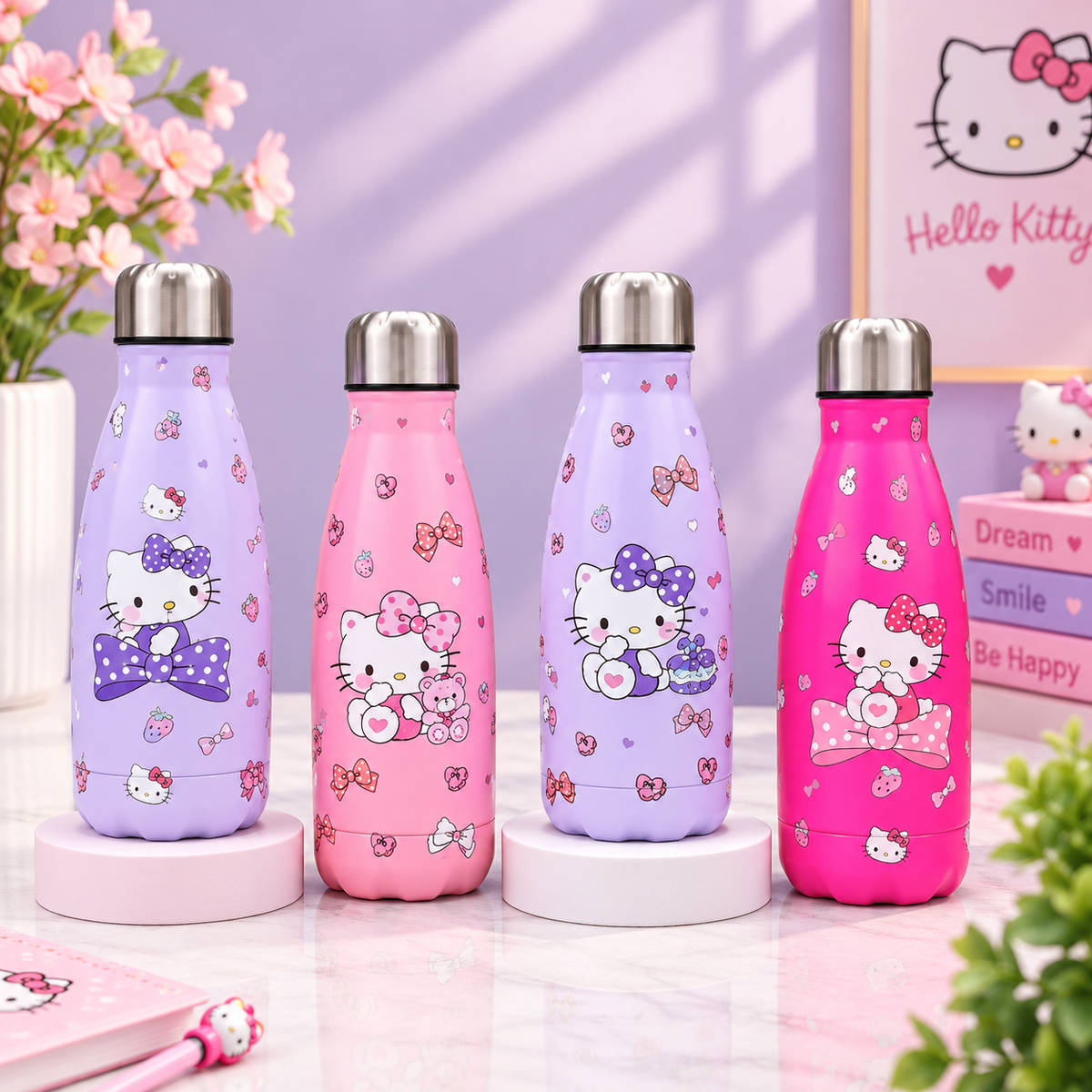 Four Hello Kitty insulated water bottles in pink and purple with bow prints