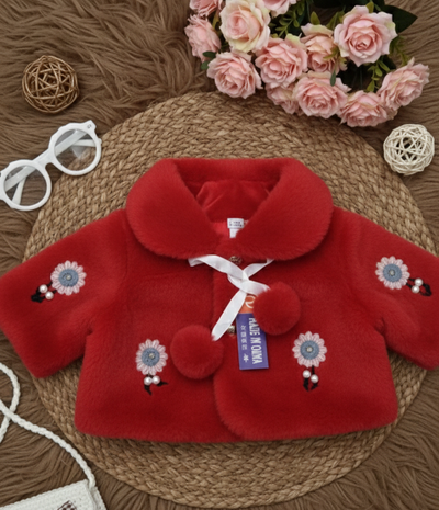 Cozy Red Faux Fur Toddler Cape Shrug with Pom Poms
