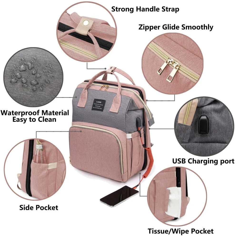 KidzerMania 3-in-1 Diaper Bag with Foldable Baby Crib