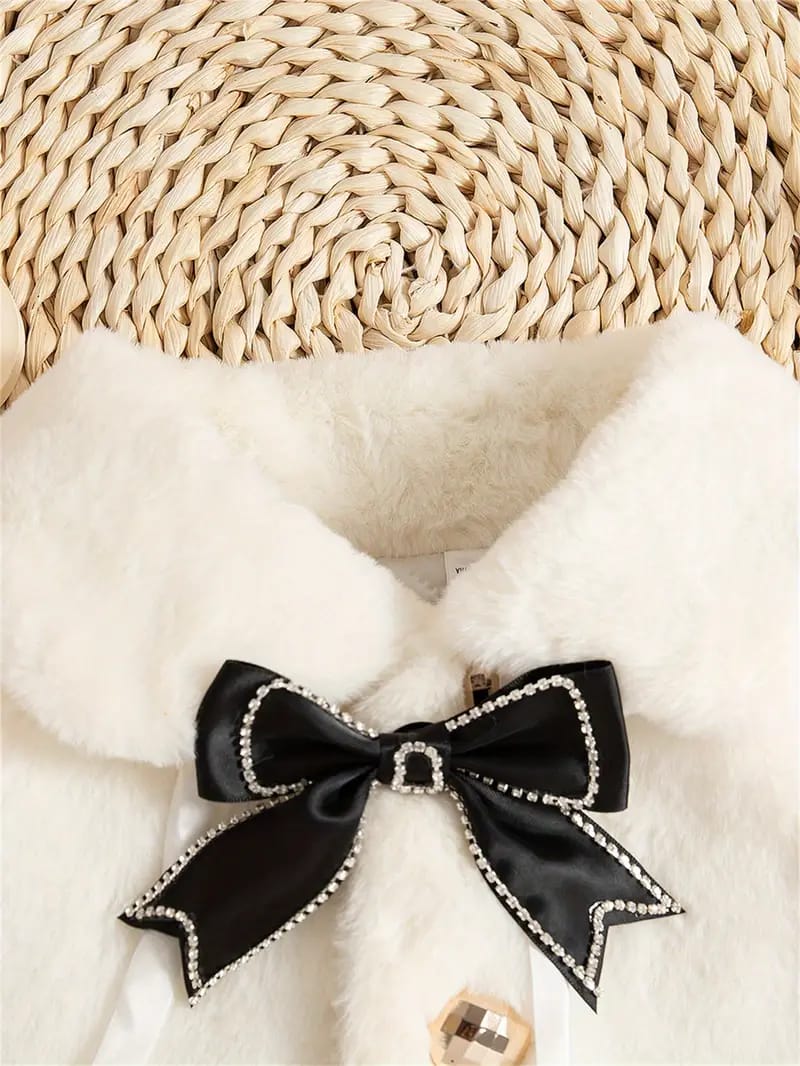 Luxury Baby White Fur Coat with Black Bow & Pom-Poms
