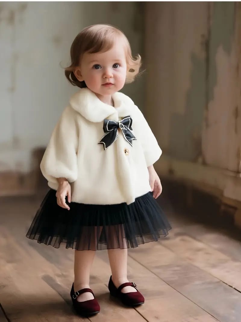 Luxury Baby White Fur Coat with Black Bow & Pom-Poms