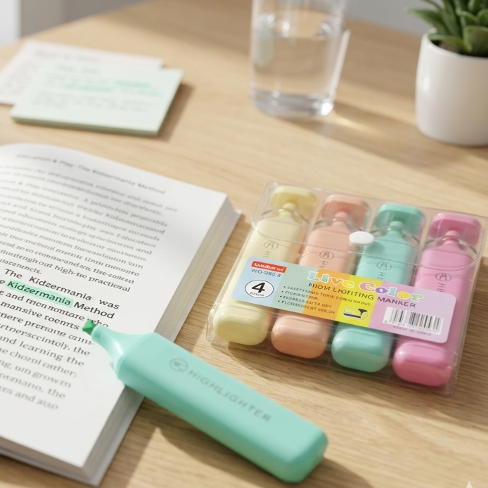 Weibo Live Color Highlighter Set – 4 Pastel Colors | Dual-Tip Felt Bullet & Chisel Markers