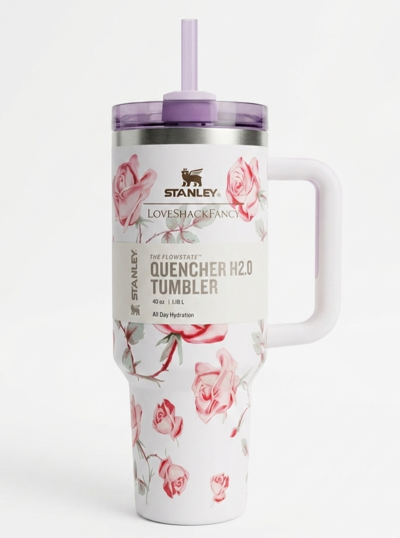 Floral Stanley Style Quencher Tumbler 40oz – Pink Rose Stainless Steel Travel Mug with Handle