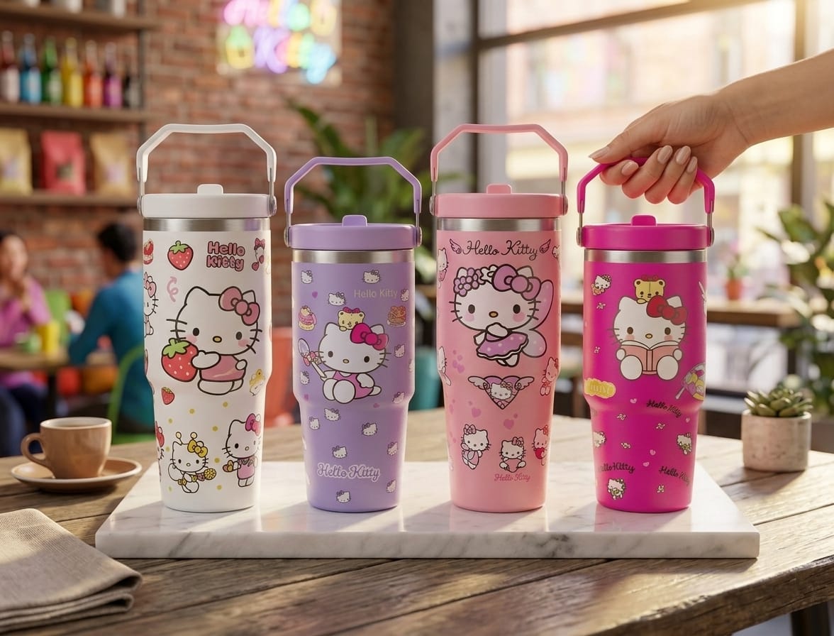 Cute Kitty Print Stainless Steel Tumbler with Straw & Handle - 30oz