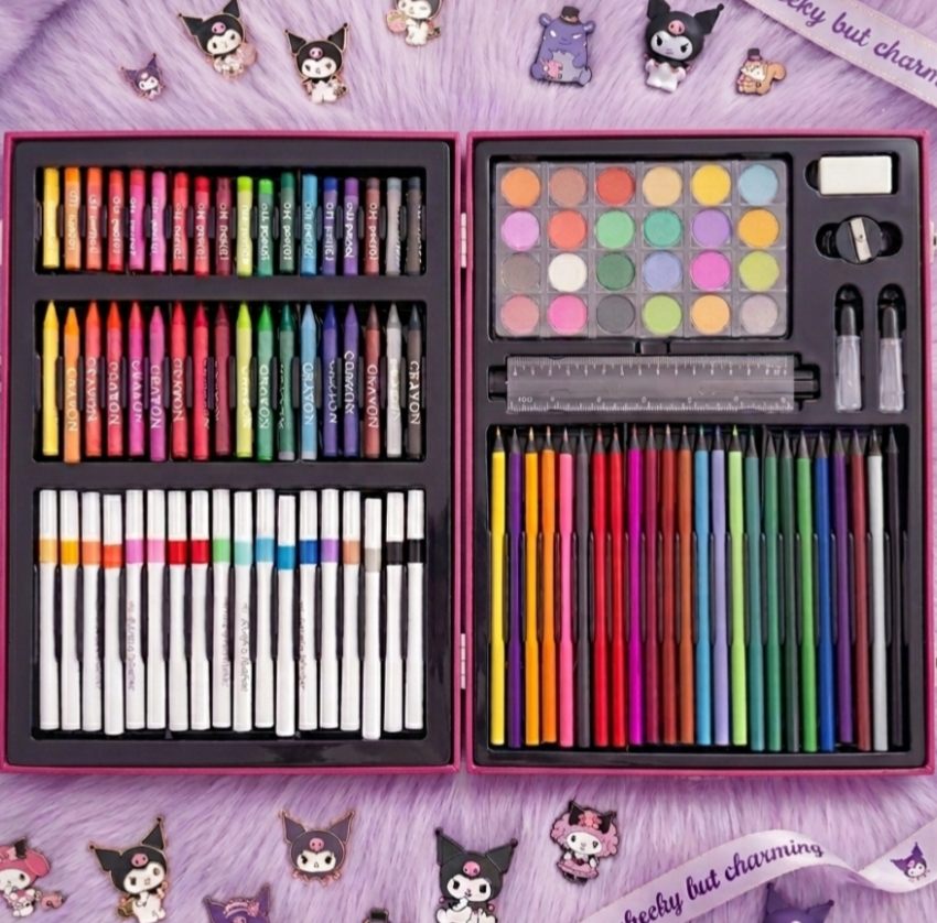 Kuromi 128-Pcs Kids Art Set - Cute Drawing & Painting Color Kit with Metal Carry Case