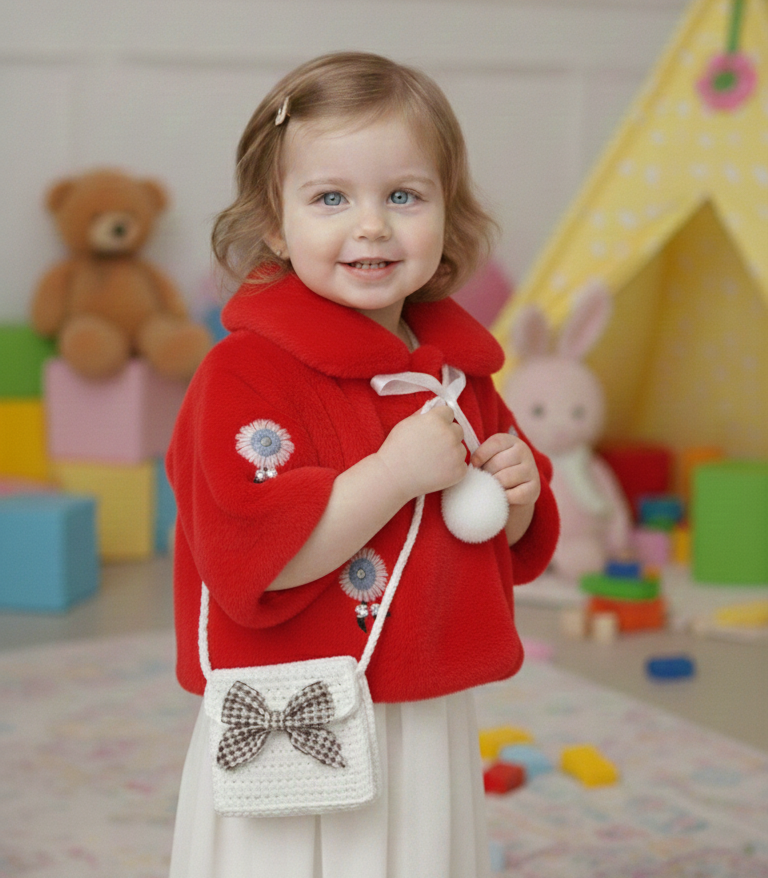 Cozy Red Faux Fur Toddler Cape Shrug with Pom Poms