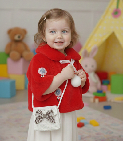 Cozy Red Faux Fur Toddler Cape Shrug with Pom Poms