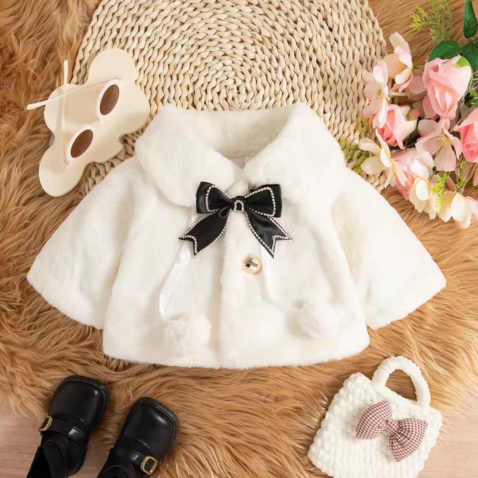 Luxury Baby White Fur Coat with Black Bow & Pom-Poms