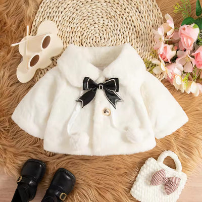 Luxury Baby White Fur Coat with Black Bow & Pom-Poms