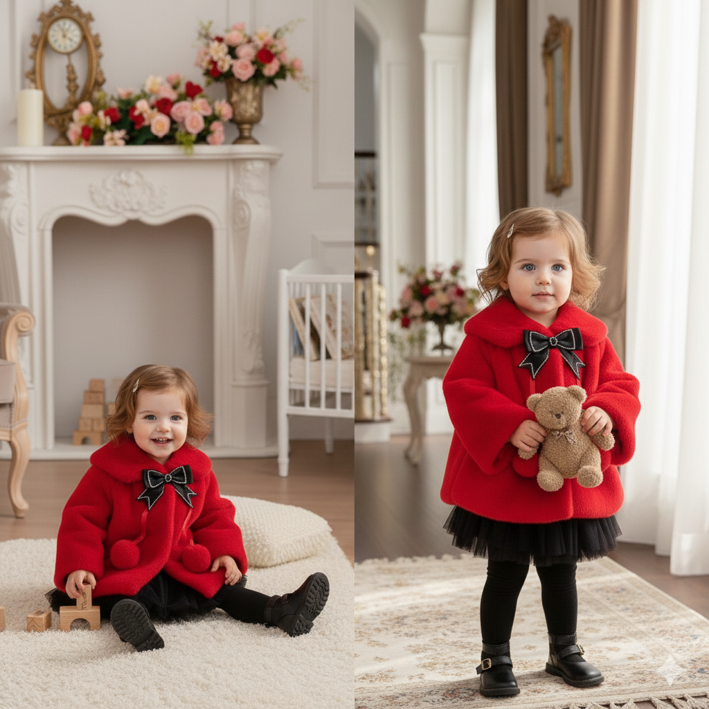 Luxury Baby Red Fur Coat with Black Bow & Pom-Poms