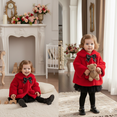 Luxury Baby Red Fur Coat with Black Bow & Pom-Poms