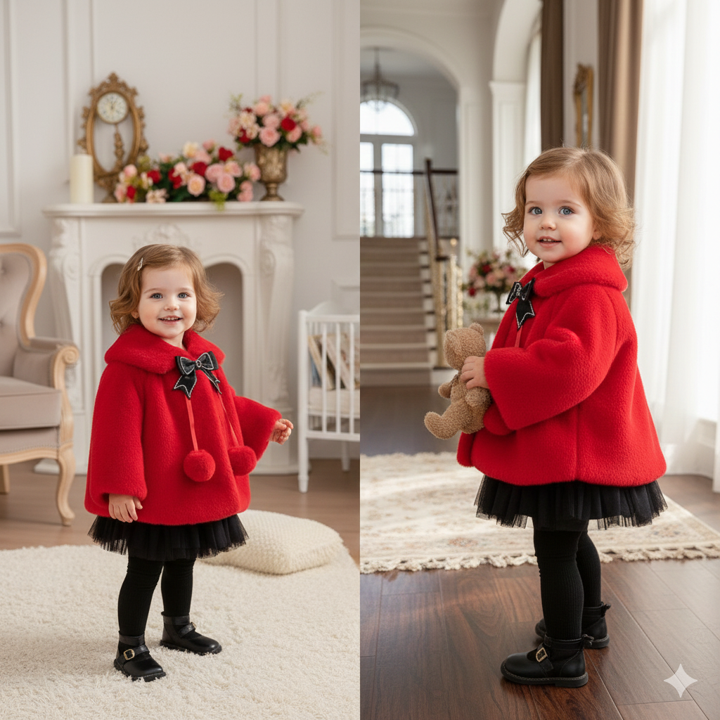 Luxury Baby Red Fur Coat with Black Bow & Pom-Poms