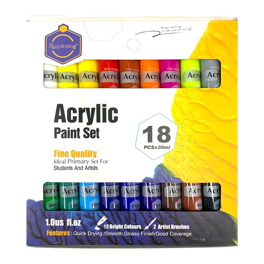 Keep Smiling Acrylic Paint Set – Professional Fine Quality Artist Paints in 30ml Tubes | Available in 6, 12, 18, 24 & 36 Colors