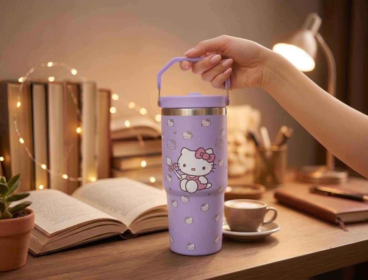 Cute Kitty Print Stainless Steel Tumbler with Straw & Handle - 30oz