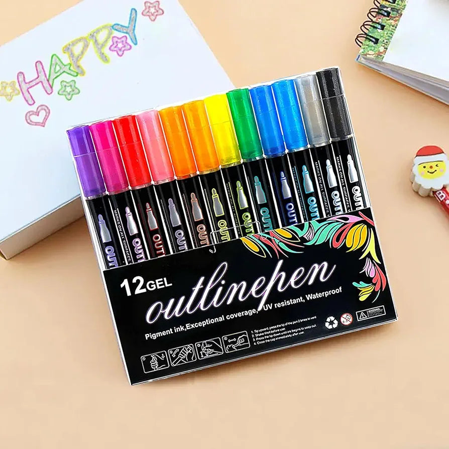 12 Colors Outline Gel Markers Set – Dual Line Magic Pens for Kids & Artists |Kidzermania