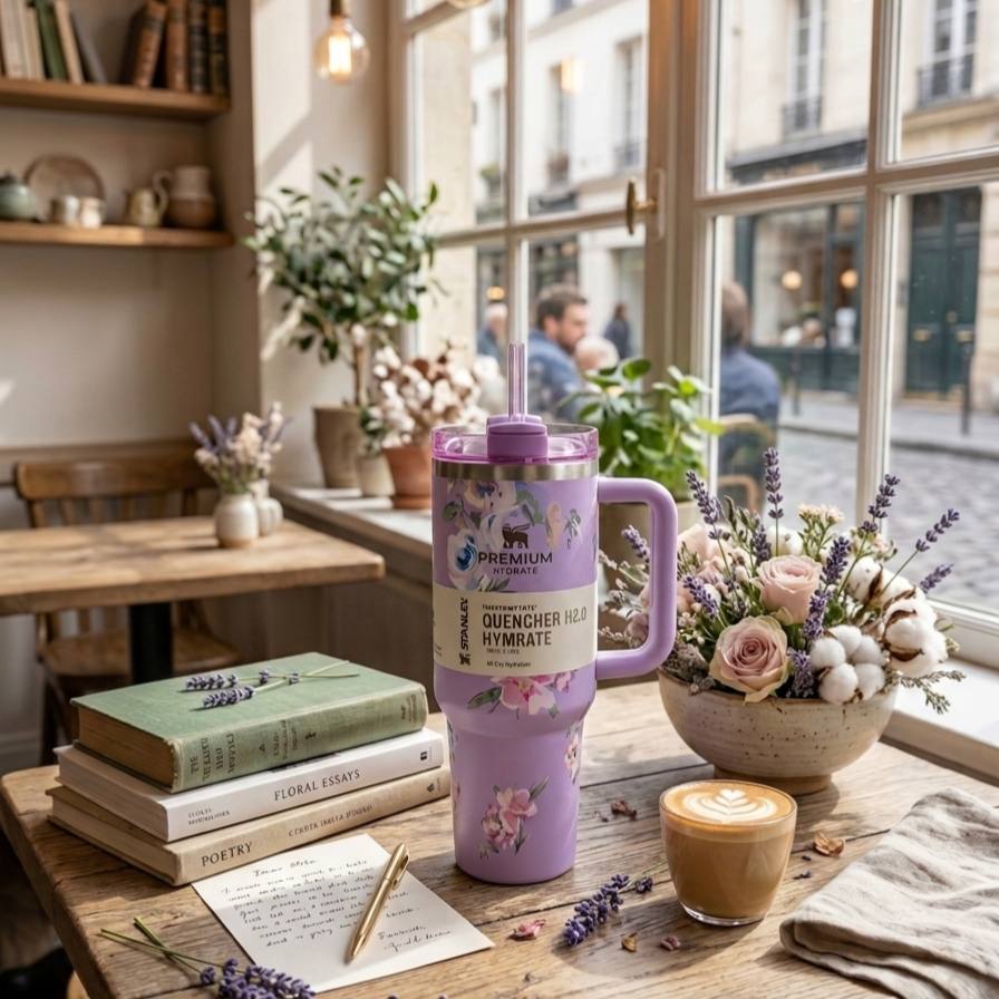 Floral Stanley Style Quencher Tumbler 40oz – Lavender Blossom Stainless Steel Travel Mug with Handle