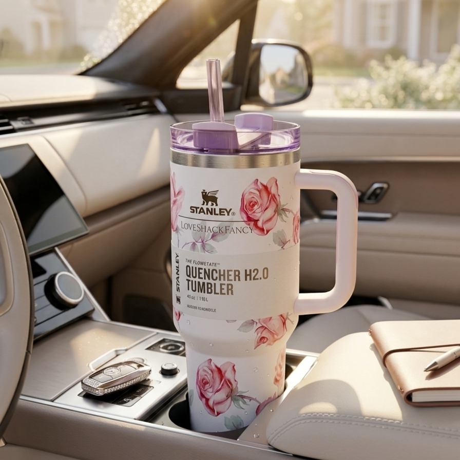 Floral Stanley Style Quencher Tumbler 40oz – Pink Rose Stainless Steel Travel Mug with Handle