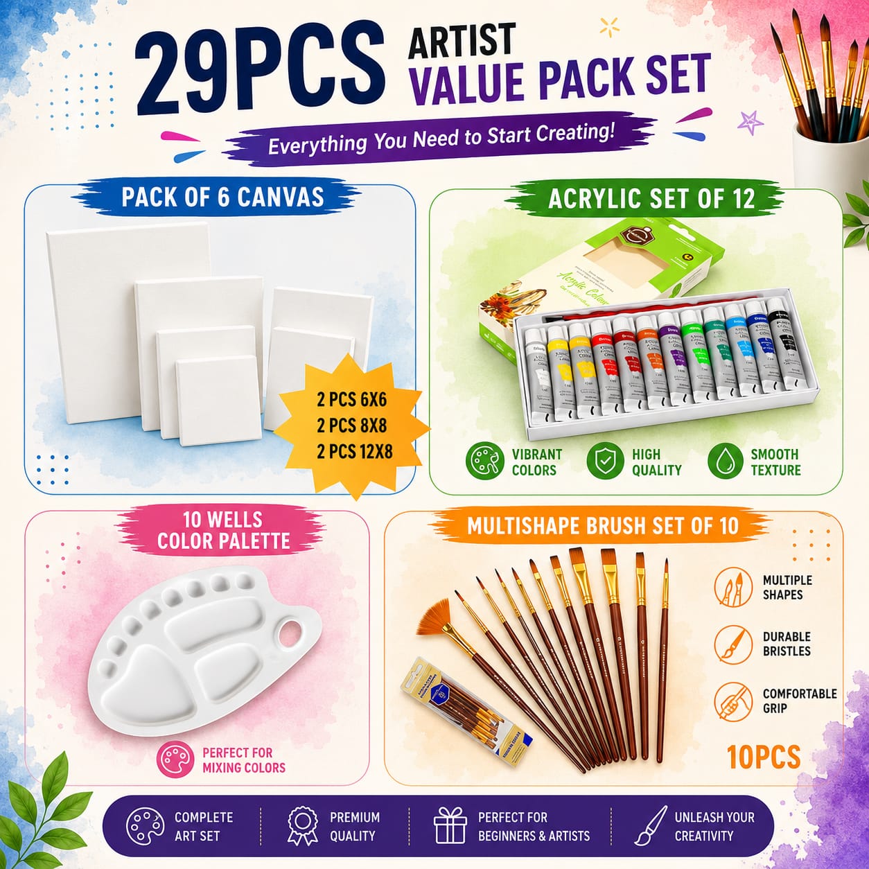 29 PCS Artist Value Pack Set | Complete Acrylic Painting Kit with Canvases, Paint Brushes, Acrylic Colors & Palette
