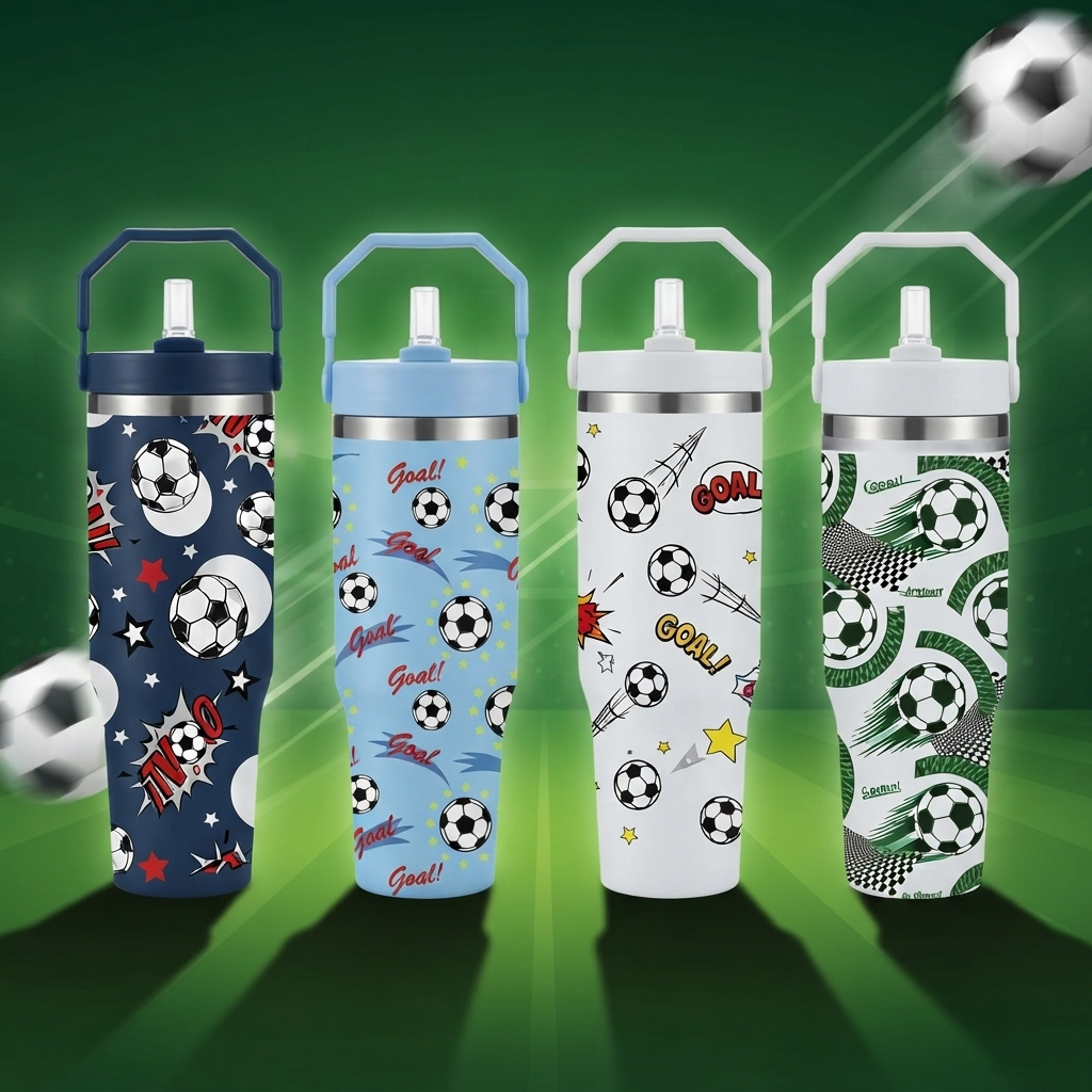 Football Goal Print Stainless Steel Tumbler with Straw & Handle - 30oz