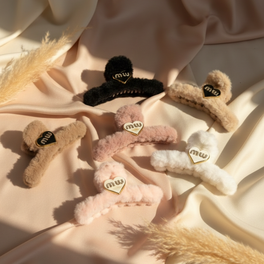 Premium Fuzzy Heart Hair Clips - Soft Winter Claw Clips