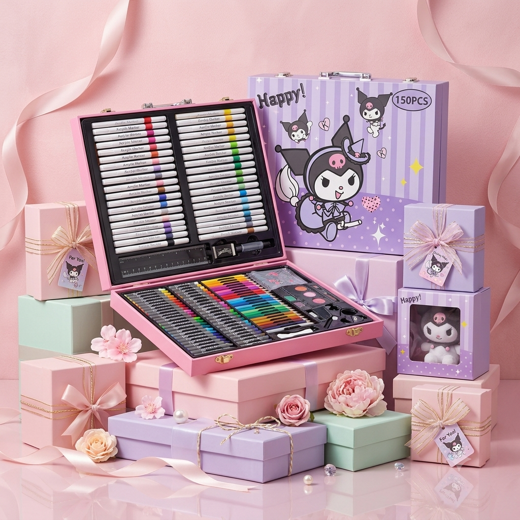 Kuromi Pink & Purple 150 PCS Art Set | Complete Drawing & Coloring Kit – Kidzermania