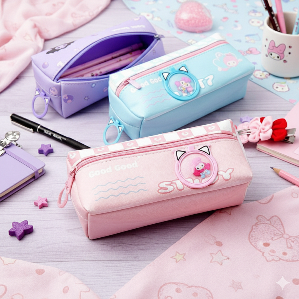 Kawaii Sanrio-Themed Aesthetic Pencil Pouch – Large Capacity School Stationery Organizer for Girls (Pink, Blue, Purple)