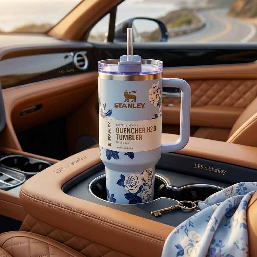 Floral Stanley Style Quencher Tumbler 40oz – Blue Lavender Stainless Steel Travel Mug with Handle