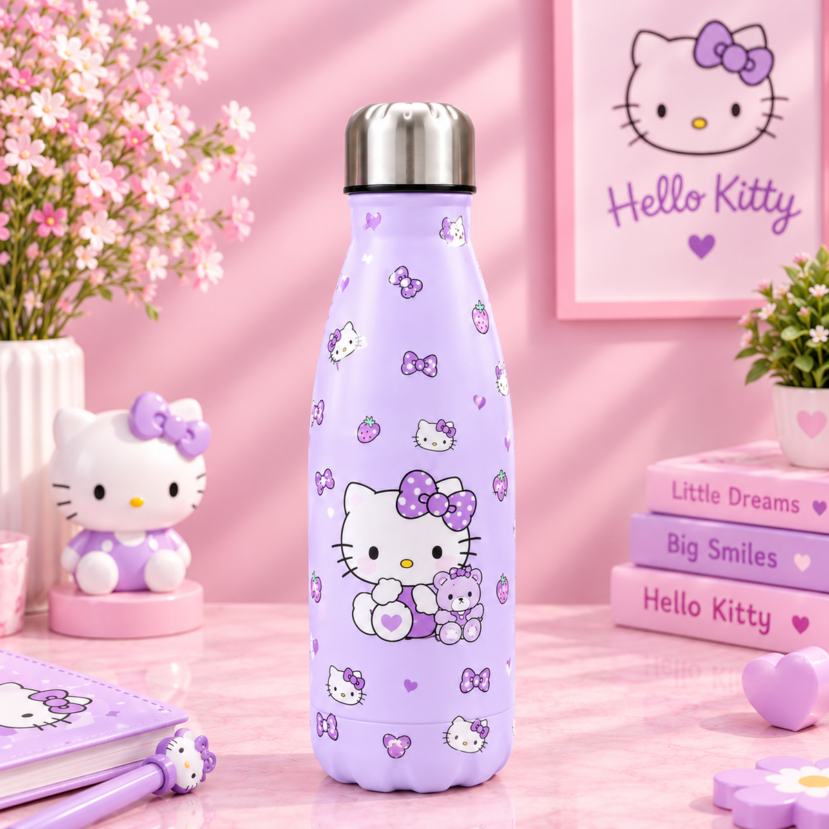Lavender Hello Kitty steel water bottle with polka dot bow