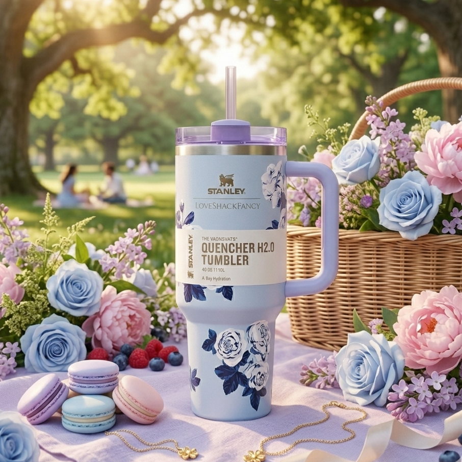 Floral Stanley Style Quencher Tumbler 40oz – Blue Lavender Stainless Steel Travel Mug with Handle