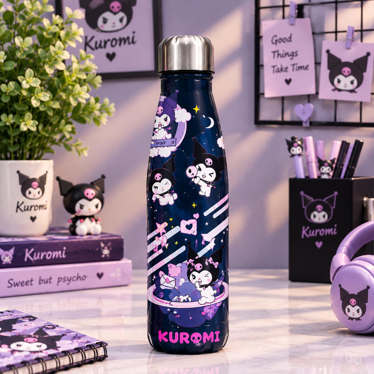 Navy blue Kuromi bottle with stars and moon print