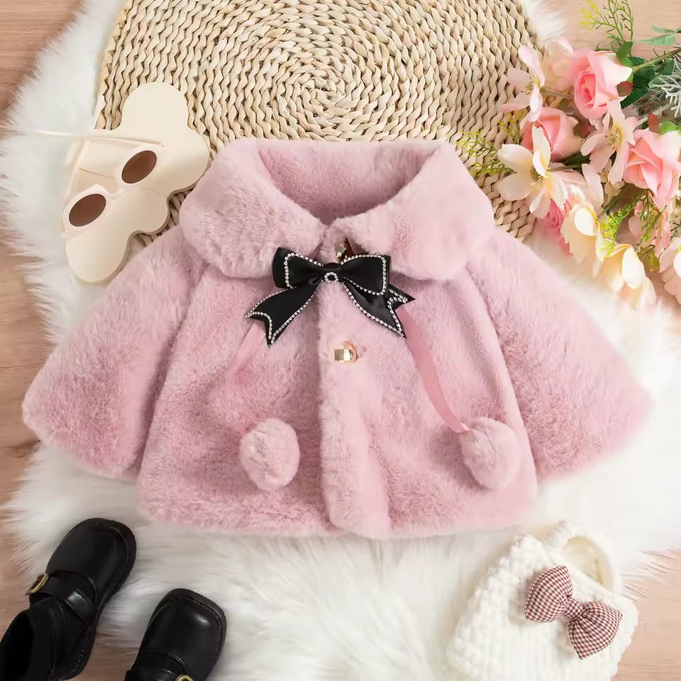 Luxury Baby Pink Fur Coat with Black Bow & Pom-Poms