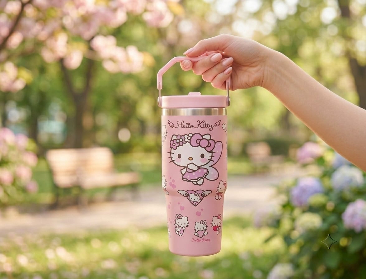 Cute Kitty Print Stainless Steel Tumbler with Straw & Handle - 30oz