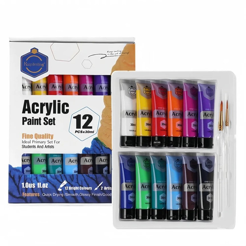 Keep Smiling Acrylic Paint Set – Professional Fine Quality Artist Paints in 30ml Tubes | Available in 6, 12, 18, 24 & 36 Colors