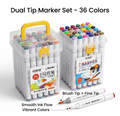 Dual Tip Brush Markers Set – 12/24/36 Colors | Fine Tip + Brush Tip Art Markers