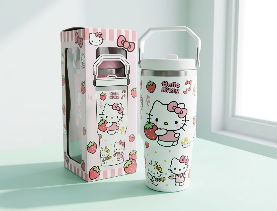 Cute Kitty Print Stainless Steel Tumbler with Straw & Handle - 30oz