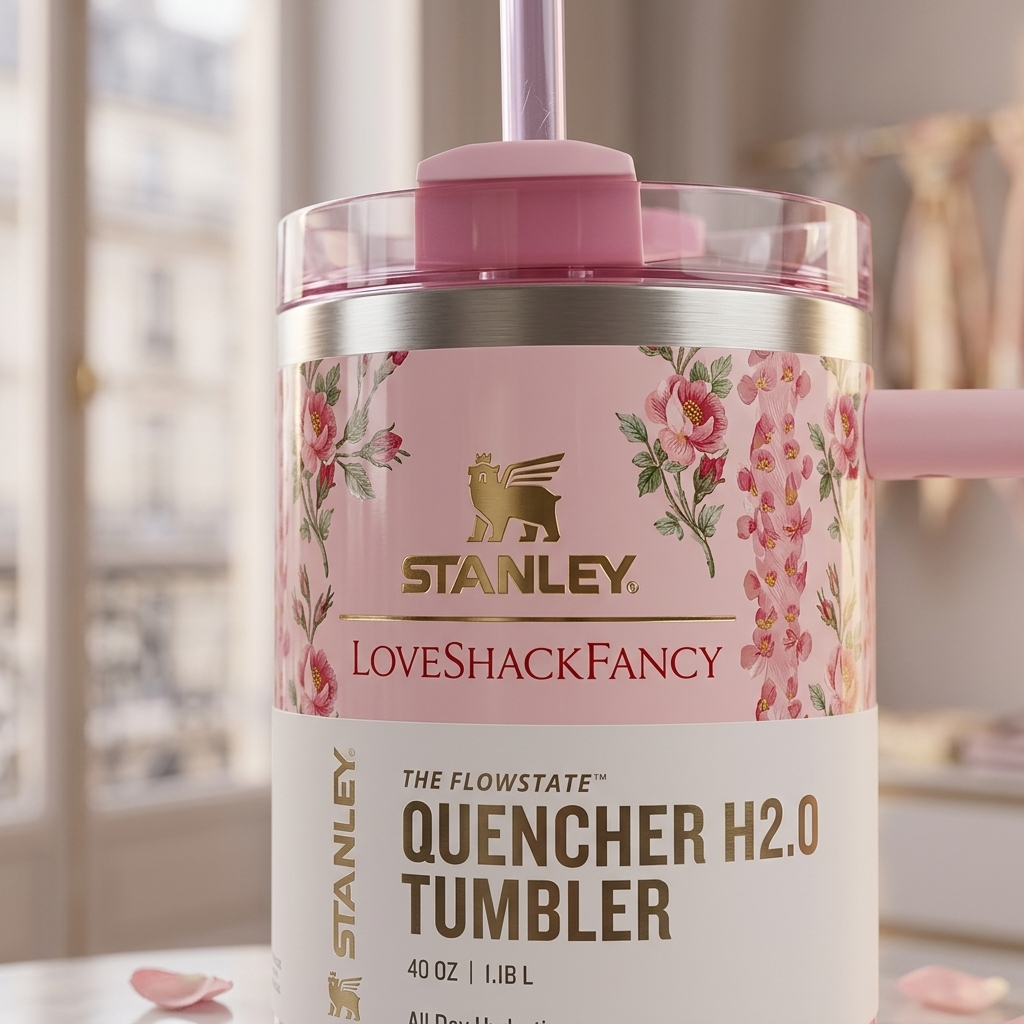 Floral Stanley Style Quencher Tumbler 40oz – Vintage Pink Rose Stainless Steel Travel Mug with Handle
