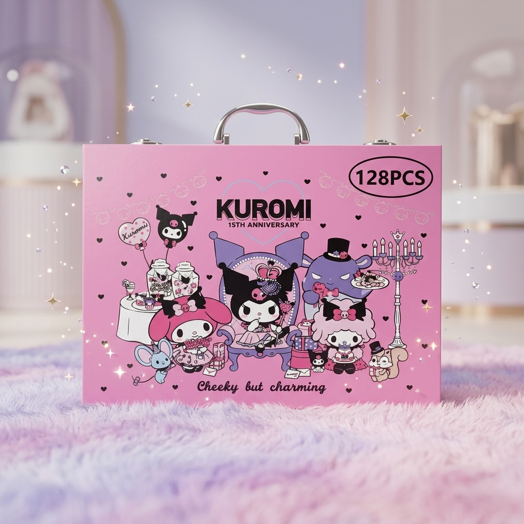 Kuromi 128-Pcs Kids Art Set - Cute Drawing & Painting Color Kit with Metal Carry Case