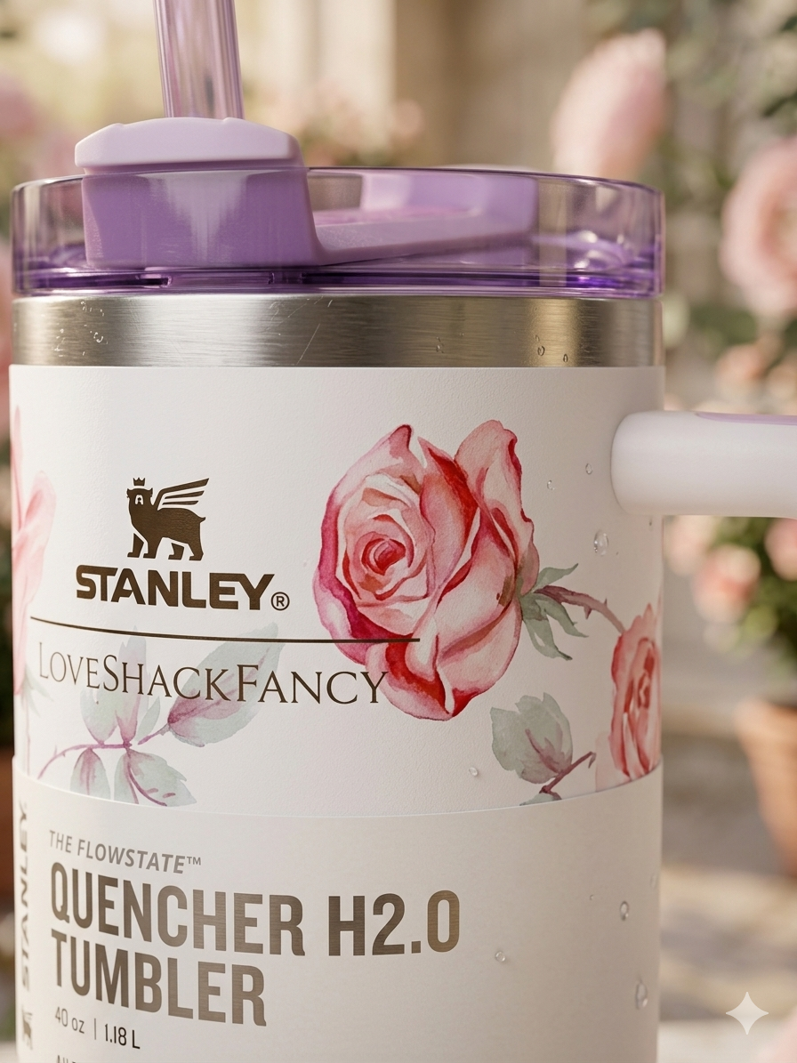 Floral Stanley Style Quencher Tumbler 40oz – Pink Rose Stainless Steel Travel Mug with Handle