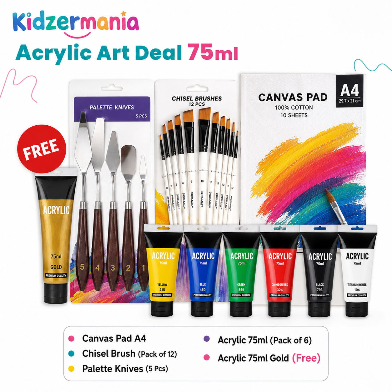 Premium Acrylic Art Studio Deal – 75ml Paint Set with Canvas Pad, Brushes & Palette Knives