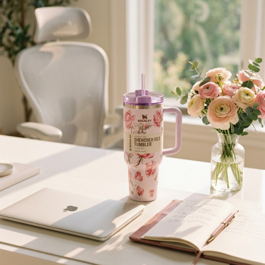 Floral Stanley Style Quencher Tumbler 40oz – Pink Rose Stainless Steel Travel Mug with Handle