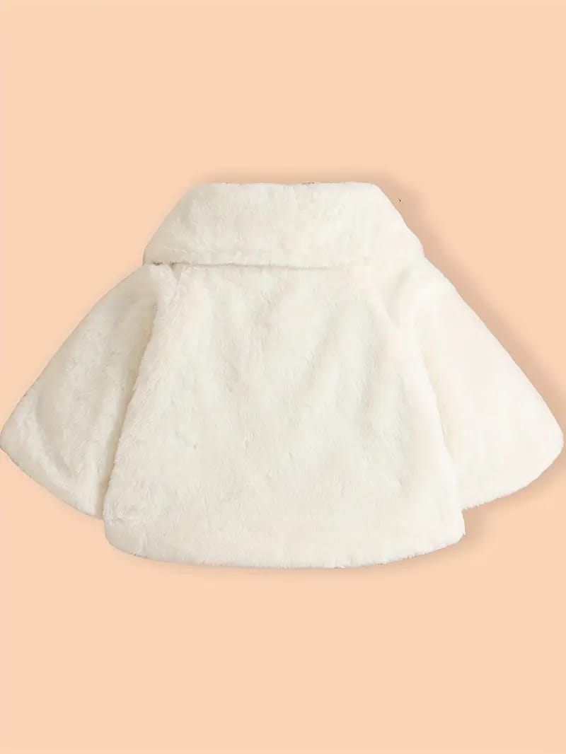 Luxury Baby White Fur Coat with Black Bow & Pom-Poms