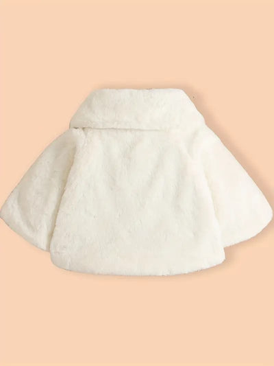 Luxury Baby White Fur Coat with Black Bow & Pom-Poms