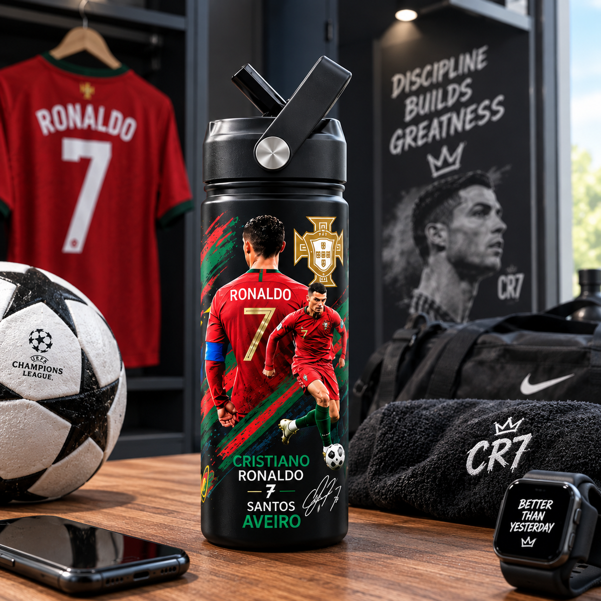 680ml Stainless Steel Hot & Cold Sports Water Bottle – Football Ronaldo & Messi Designs | Flip Straw Bottle