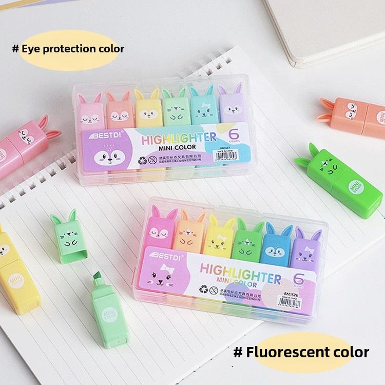 Cute Bunny Mini Highlighter Set – 6 Pastel Colors | Kawaii Stationery for School, Office & Journaling