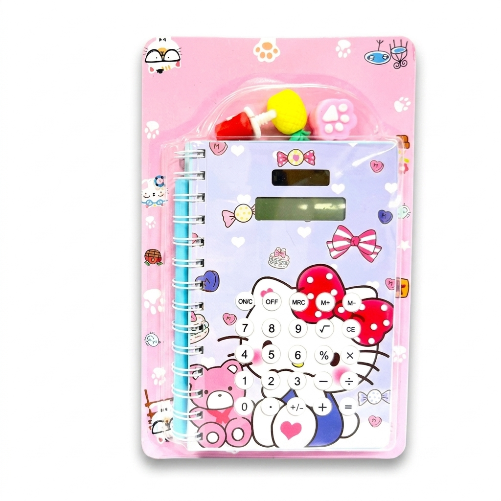 Cute Hello Kitty Stationery Gift Set – Spiral Diary with Built-in Calculator, Pen & Erasers for Girls