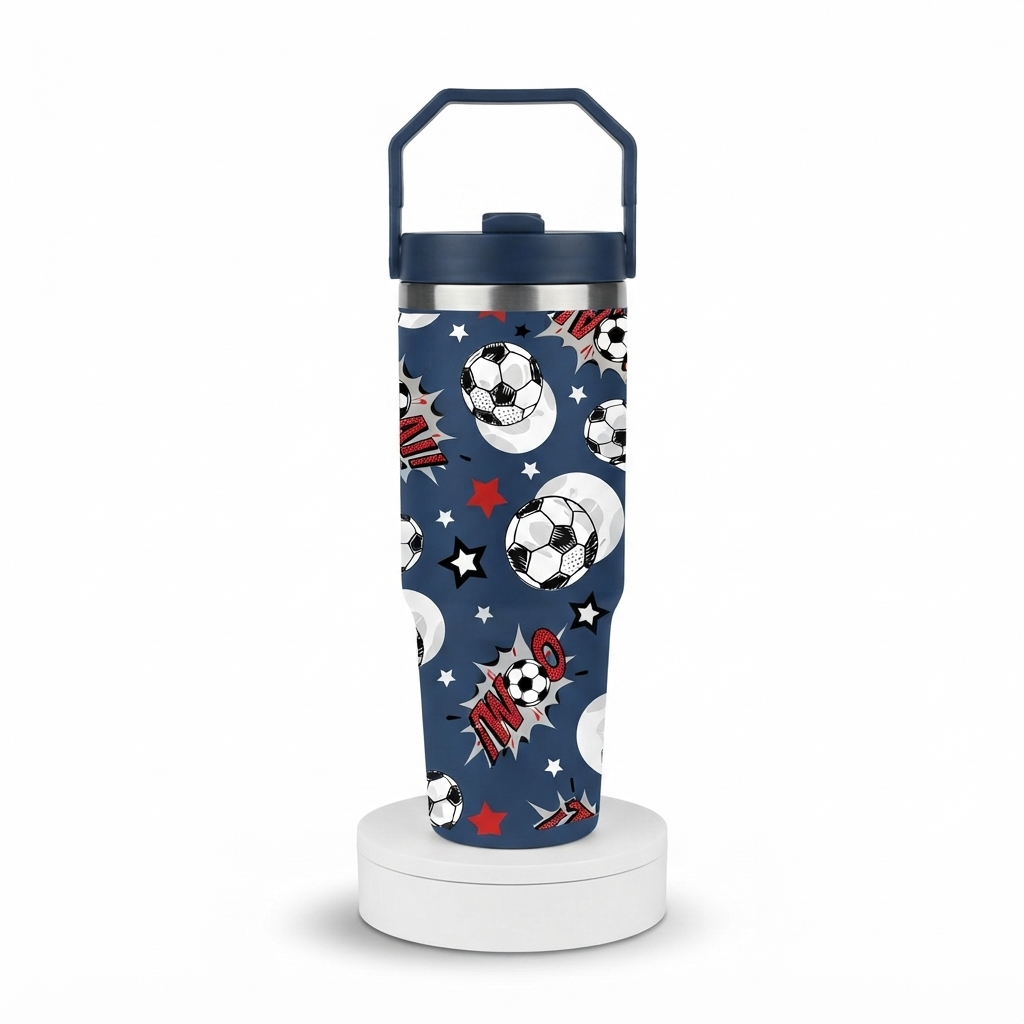Football Goal Print Stainless Steel Tumbler with Straw & Handle - 30oz