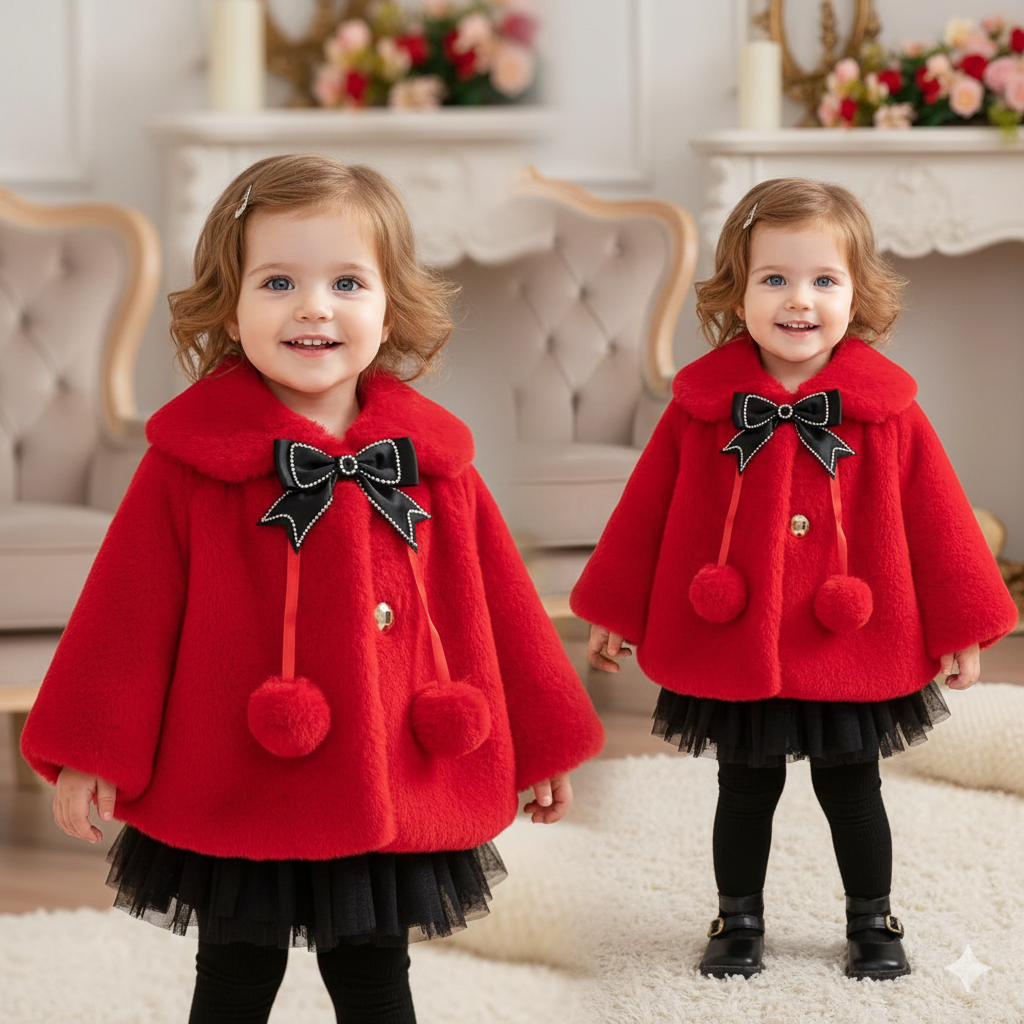Luxury Baby Red Fur Coat with Black Bow & Pom-Poms