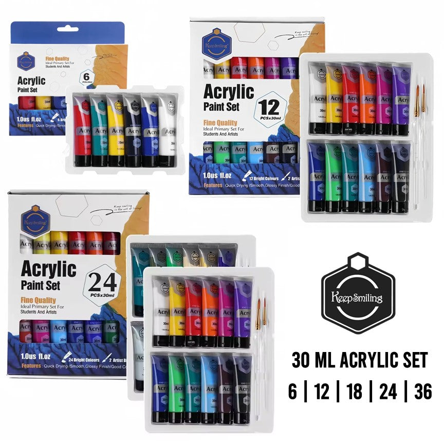 Keep Smiling Acrylic Paint Set – Professional Fine Quality Artist Paints in 30ml Tubes | Available in 6, 12, 18, 24 & 36 Colors